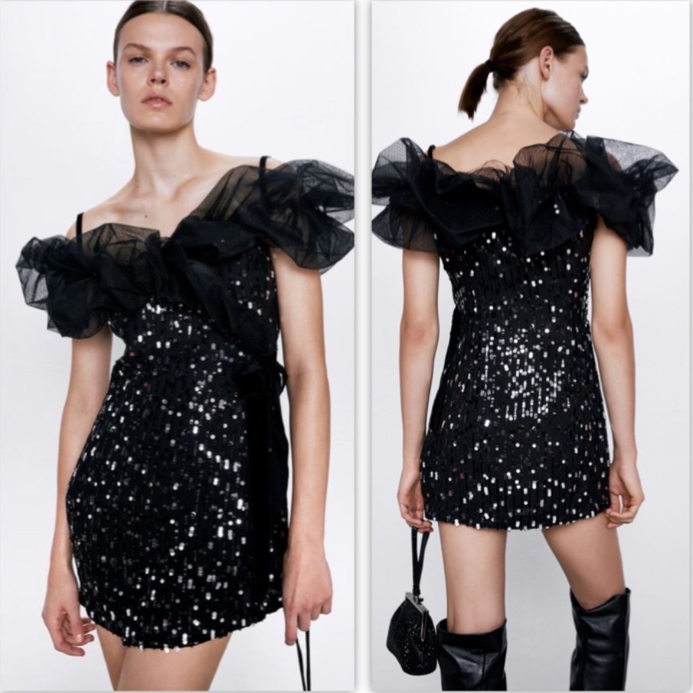 Zara Black Sequin Mini Dress Tulle Ruffle Neck Velvet Tie Cocktail Party Small
